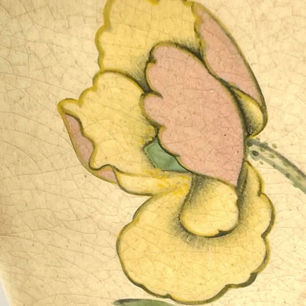 Vintage 10” Hand Decorated Iris Butterfly Ceramic Vase Signed Teri-Crazed Glaze